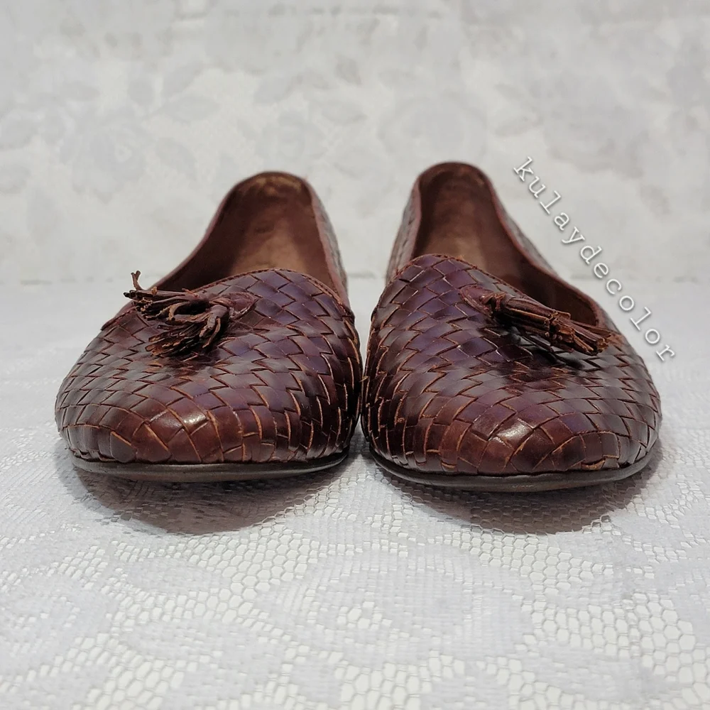 Vintage Pappagallo Woven Leather Tassel Classic Flats Brown Slipon Loafers 9.5 - Picture 3 of 16